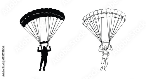 Two black and white illustrations depicting skydivers in mid air descent