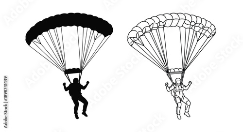 Two illustrations of skydivers with open parachutes in contrasting styles