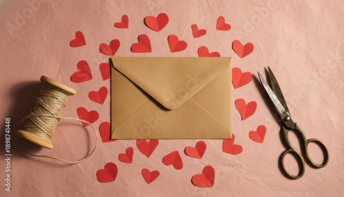 Love Letter Preparation: A close-up scene featuring an envelope surrounded by scattered red hearts, a spool of string, and a pair of scissors, all on a pastel backdrop.