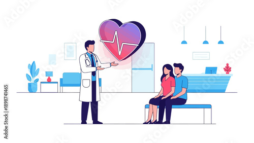 Health Consultation: A medical professional delivers heart health insights to a couple in a modern medical office, emphasizing preventive care and well-being.