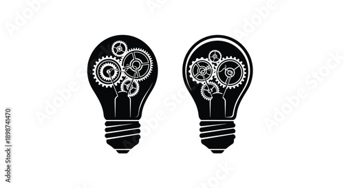 Two lightbulbs filled with intricate gear mechanisms in black and white