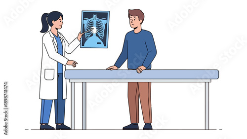 Medical Examination: A doctor explains the X-ray results to a patient, conveying professional expertise in a clinical setting.