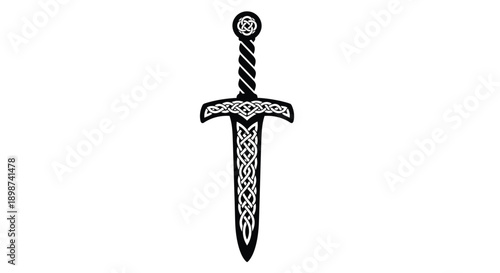 A black and white illustration of an ornate celtic knotwork sword