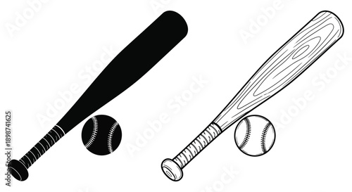 A black and white illustration of baseball bats and balls