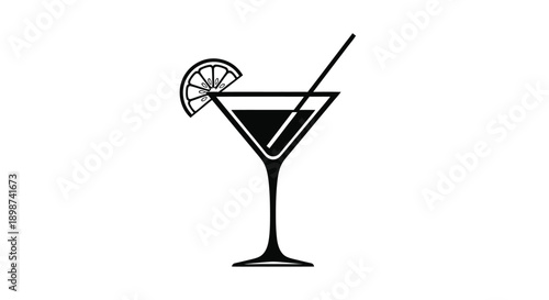 A black and white illustration of a martini glass with a lemon slice