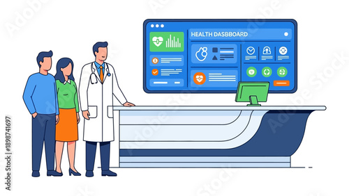 Healthcare Consultation: A doctor explains health metrics to a couple, the digital display showcases a detailed health dashboard with vital signs and medical data.