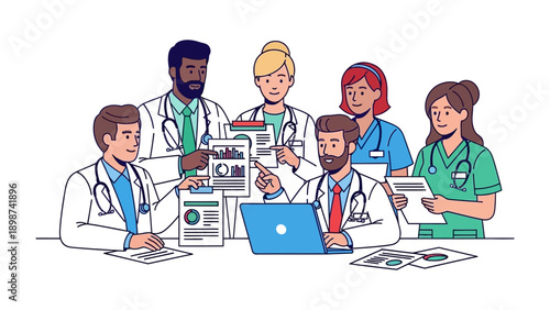 Medical Professionals Collaboration: A team of dedicated medical professionals collaborates, discussing charts and strategies with a focus on patient care and advanced healthcare practices.