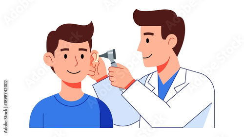 Medical Examination: A doctor performs an ear examination on a patient, showcasing the routine healthcare practices and patient interaction in a clinical setting.