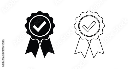 Two black and white ribbon icons with checkmarks inside circular frames
