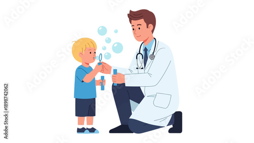 Doctor and Child Play: An empathetic doctor and a cheerful child bond over the simple joy of bubbles, showcasing care and innocence.