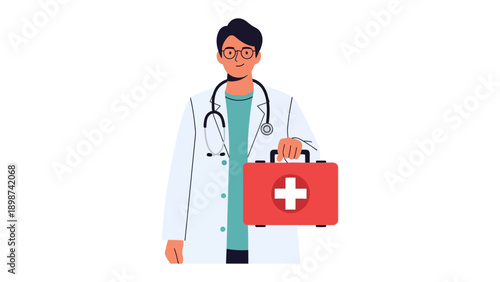 Compassionate Healthcare Provider: A dedicated doctor, adorned in a crisp white coat and a stethoscope, stands ready to offer assistance, clutching a vital first-aid kit, embodying care and healing.