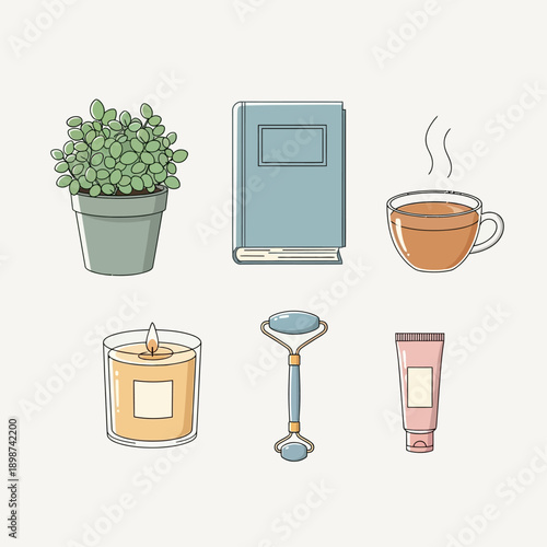 Calm and Cozy: A serene illustration of items, evoking a sense of calm and self-care. Includes a plant, a book, tea, a candle, a face roller, and lotion, set against a subtle backdrop. 