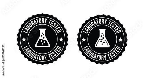Two laboratory tested seals featuring a beaker illustration in black and white