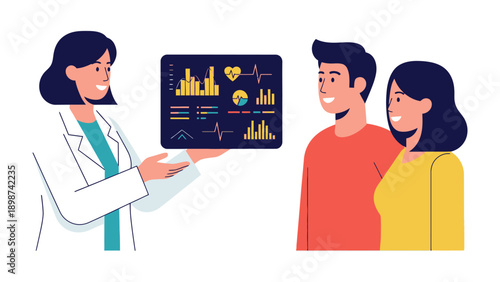 Consultation in Medical: A doctor offers valuable information and guidance on a medical consultation with a couple, offering insights into their well-being and health in a professional environment.