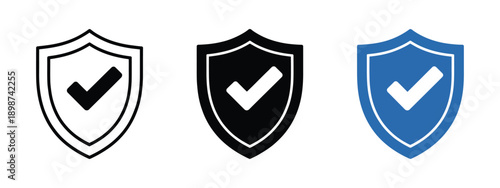 Three shield icons with check marks, symbolizing security, safety, verified approval, and protection, isolated on transparent background, suitable for vector, digital, design projects.