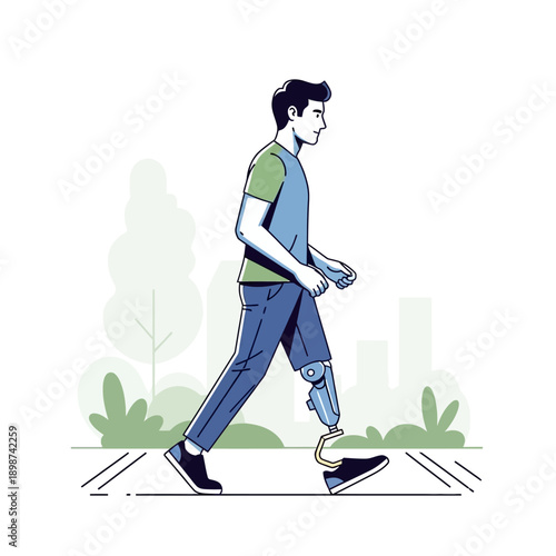Empowered strides: A person with a prosthetic leg strides confidently along a path, embracing mobility and demonstrating resilience and a spirit of determination.