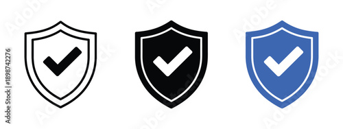 Three shield icons with checkmarks representing security, safety, and approval, isolated on transparent background, vector illustration for cybersecurity, business, and protection design projects.