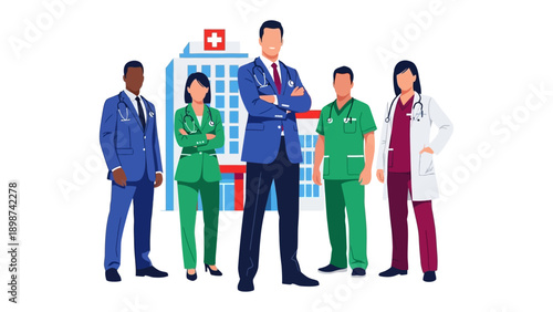 Medical Team United: A group of dedicated healthcare professionals stands proudly in front of a hospital building, representing unity and expertise in the medical field.
