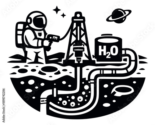 Graphic illustration of an astronaut depicting water extraction on an alien planet for space colonization
