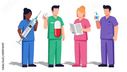 Healthcare Heroes Assemble: A diverse team of medical professionals stands ready, embodying dedication to care with syringe, pill, prescription and hand sanitizer.
