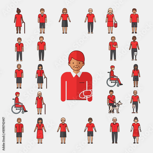 Diversity and Inclusion Iconography: A collection of diverse individuals, represented through simple icons, showcasing a range of abilities, ages, and backgrounds.