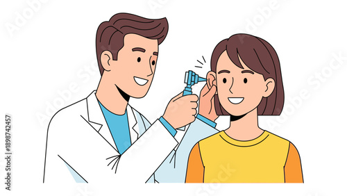 Medical Examination: A caring physician utilizes an otoscope to examine the ear of a smiling patient, depicting a moment of patient care and medical expertise.