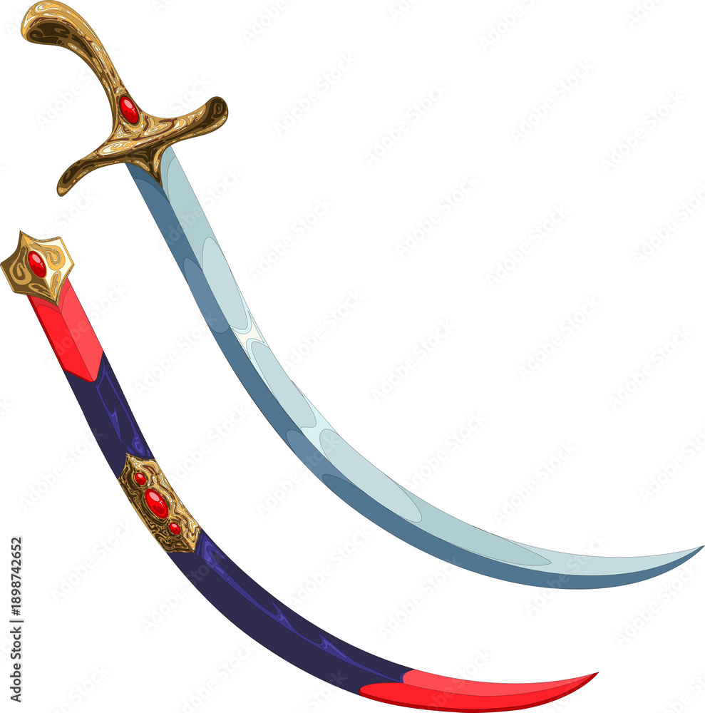 Naklejka premium Luxurious fantasy scimitar with jeweled handle and polished surface