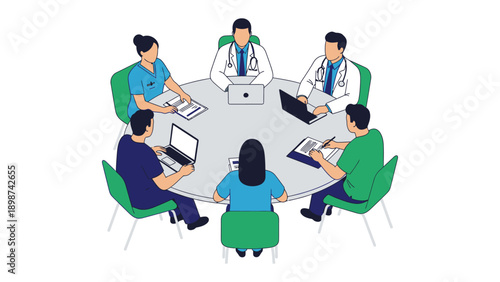 Medical Team Collaboration: A circular table hosts a collaborative meeting of medical professionals, each member attentively engaged, discussing and contributing to a shared medical goal.