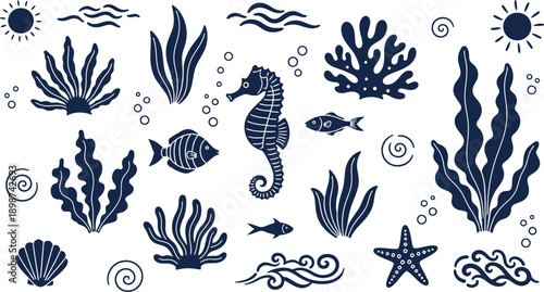 Underwater ocean creatures and plants illustration