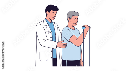 Physical Therapy Consultation: A caring doctor guides an elderly patient through rehabilitative exercises, ensuring support and proper technique. This moment shows health and well-being.