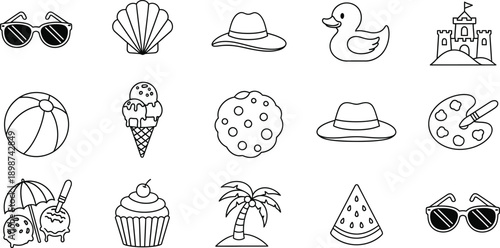 Beach vacation icons and summer symbols