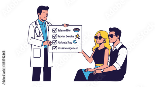Healthy Lifestyle Recommendations: A doctor advises a couple on the pillars of a healthy lifestyle, presenting a checklist of essential elements for well-being.
