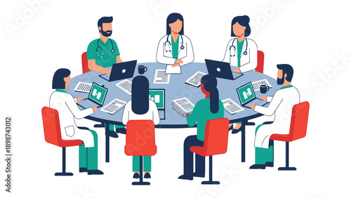 Medical Team Meeting: A collaborative tableau of medical professionals, engrossed in a meeting, reviewing data and charting a course of action within a circular setting.