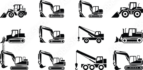 Construction equipment silhouette icons set, excavator, bulldozer, loader, crane, tracked digger, heavy machinery vectors for industrial design site branding assets
