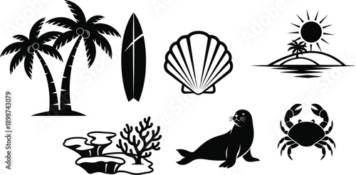 Tropical beach icons featuring palm trees sea creatures and shells