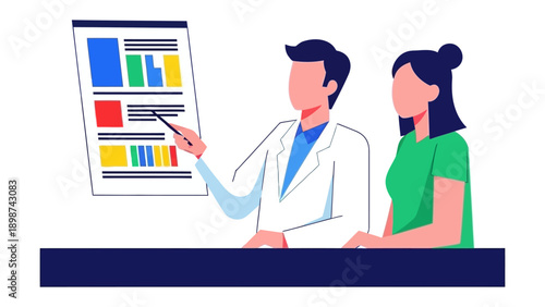 Patient Consultation: A medical professional engages in a detailed discussion with a patient, highlighting key information on a diagnostic chart.