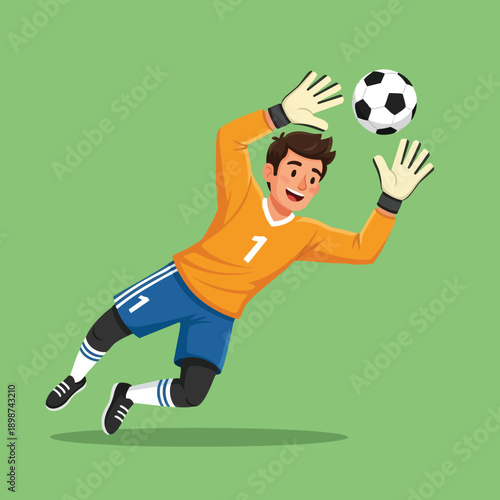 Colorful vector art of smiling male soccer goalkeeper diving to catch black and white ball in orange jersey with number one