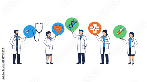 Health Innovation Team: A team of healthcare professionals showcases innovative medical symbols, representing advancement and compassion in the medical field. 