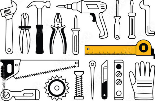 Hand tools set illustration with wrench hammer drill screwdriver saw ruler gloves isolated on white background for construction repair projects