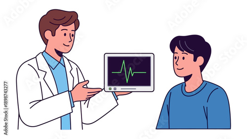 Medical Dialogue: A medical professional engages in a discussion with a patient, focusing on a display of vital signs.
