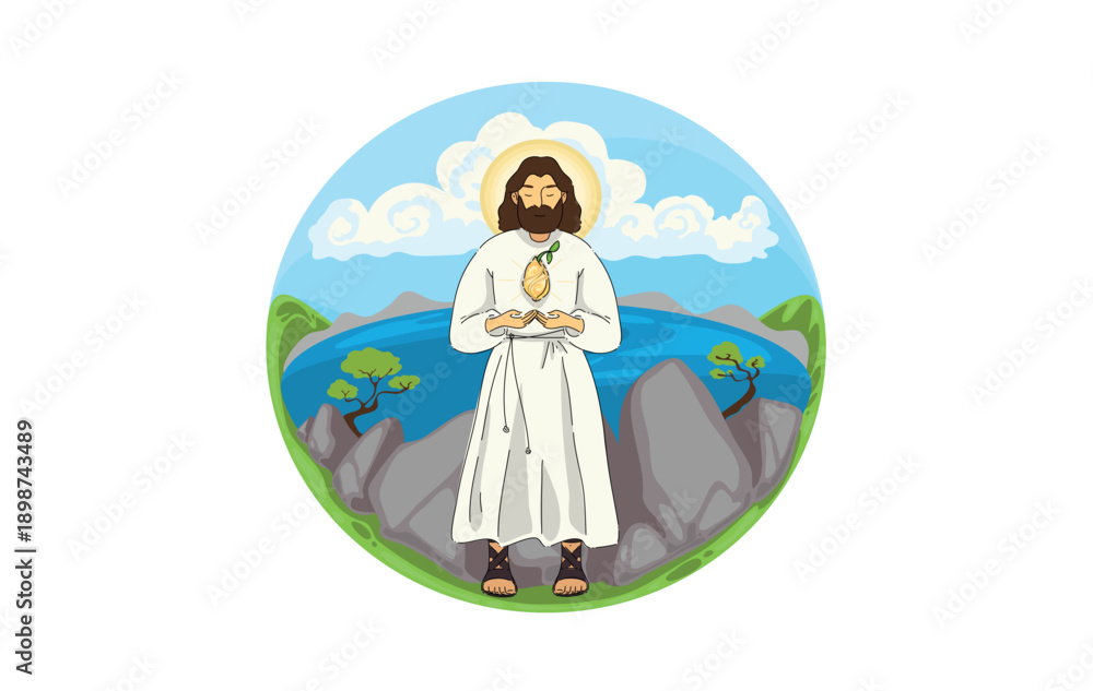 Obraz premium Distinguished Holy Person With Halo Guiding Lambs Across Lush Green Hills In Calm Environment