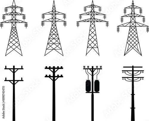 High voltage transmission towers and utility poles silhouette, power line infrastructure, electrical grid network, industrial energy distribution, vector line art