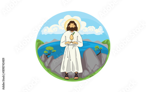 Distinguished Holy Person With Halo Guiding Lambs Across Lush Green Hills In Calm Environment