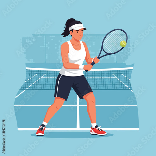 Flat design side view female tennis player preparing to hit ball on outdoor court with net background