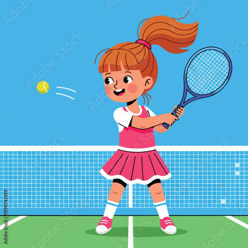 Colorful cartoon girl with ponytail hitting tennis ball with racket on sunny outdoor court in vector style