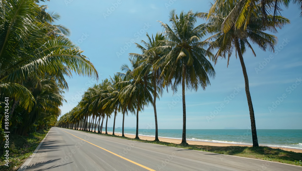 Naklejka premium Tropical coastal road lined with tall palm trees along the beach under bright blue sky, perfect scenic route for summer travel