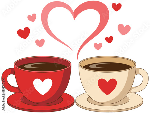 Two coffee cups making heart-shaped steam, flat vector illustration for Valentine’s Day, featuring romantic beverage design, love concept, cozy café theme, and greeting card projects.
