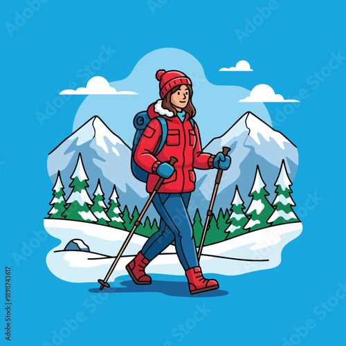 Colorful vector art showing woman hiking with trekking poles in red winter jacket and boots during snowy mountain trek outdoors