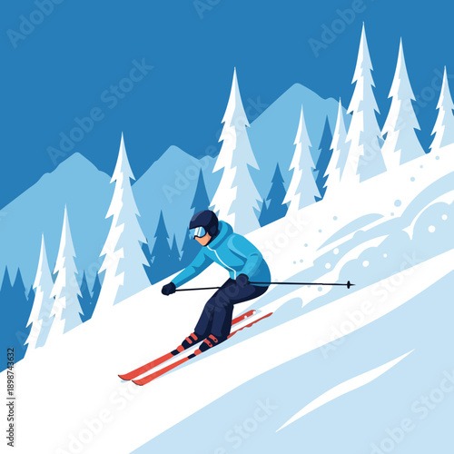 Flat design side view of skier in blue jacket skiing down snowy mountain slope with pine trees against clear sky