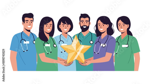 Healthcare Heroes with Golden Star: A collaborative group of healthcare professionals, united in service, hold a gleaming golden star.